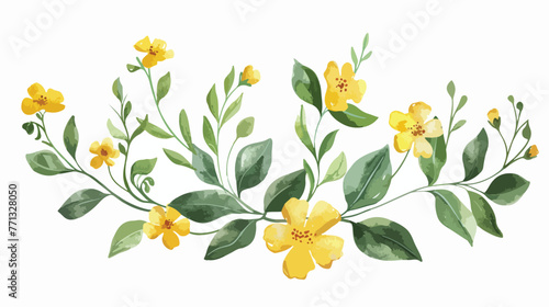Watercolor illustration yellow flowers green leaves