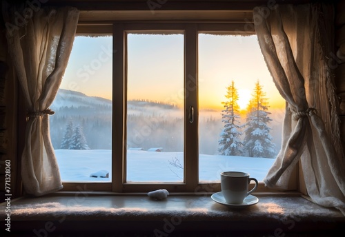 Cozy winter morning view from inside a warm cabin, looking out through a frosty window at a snowy landscape bathed in the first light of dawn, generative AI