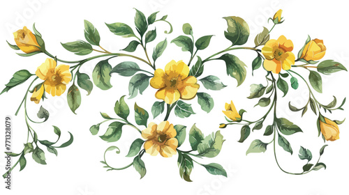 Watercolor illustration yellow flowers green leaves
