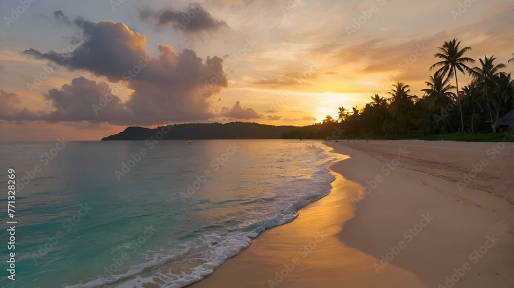 Beautiful panoramic sunset tropical paradise beach. Tranquil summer vacation or holiday landscape. Tropical sunset beach seaside palm calm sea panorama exotic nature view inspirational seascape sce