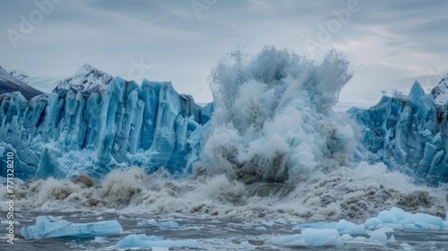 Dynamic capture of a glacier calving event with massive ice blocks and spray against a stark arctic landscape, highlighting the natural phenomenon and its raw power.