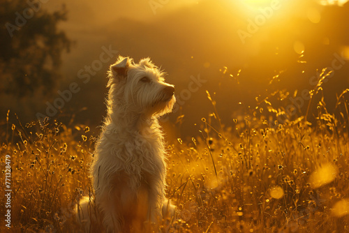 white dog standing in field in the style of golden ligh c694ebe3-6618-415b-898f-a7d43f6eeaf6 photo