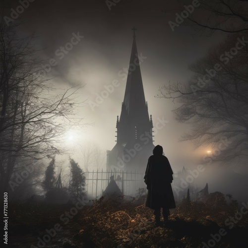 Gothic church surrounded by misty graveyard with bell tower