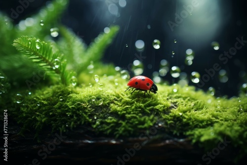 Tiny ladybug exploring a moss-covered rock in a mystical forest.