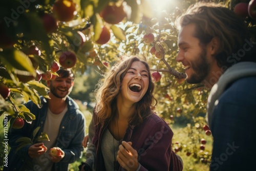 Friends picking apples in an October orchard