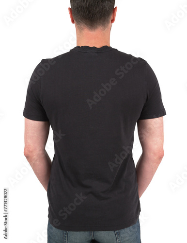 A man seen from behind wearing a plain black t-shirt and jeans against a white background, ideal for mockup designs