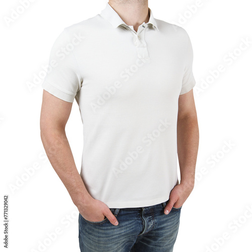 Man wearing a blank white polo shirt, standing against a white background, ideal for a mockup design