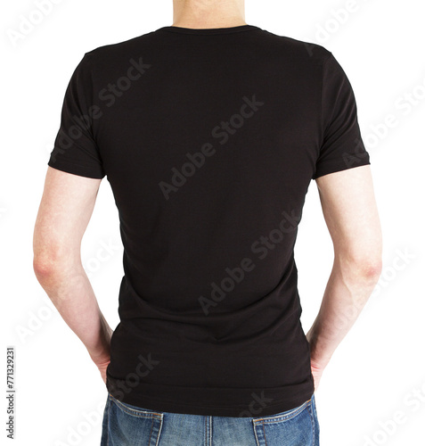 A man from behind wearing a black t-shirt and denim jeans on a white background, ideal for a clothing mockup