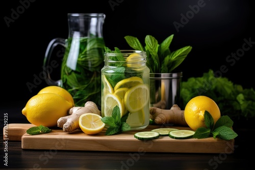 A wooden cutting board holds a jar of refreshing lemonade, perfect for a detox day. Generative AI