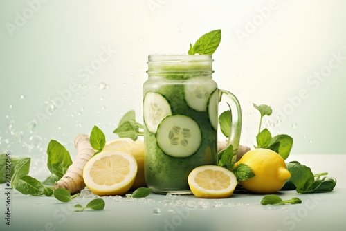A mason jar brimming with slices of fresh cucumber and zesty lemon, creating a revitalizing and detoxifying drink that nourishes the body and refreshes the spirit. Generative AI
