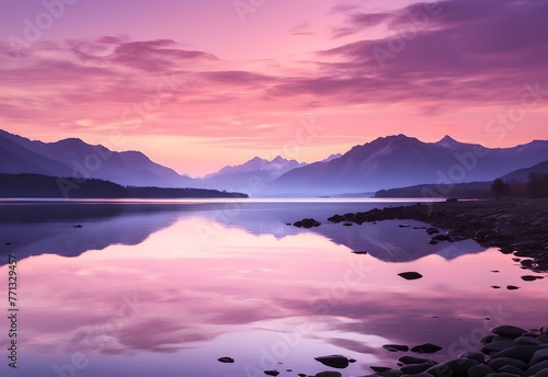Glowing twilight over a serene lake, with the silhouette of distant mountains and a sky painted with soft pink and purple hues, generative AI © Zohaib