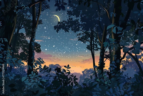 : A twilight scene of a dense forest, with stars and the moon peeking through the foliage