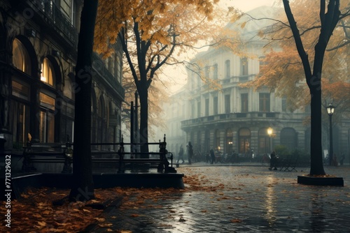 Misty October morning in a city