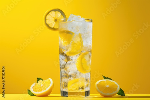 A glass filled with lemonade, ice cubes, and lemon slices creates a cool and refreshing drink perfect for summer days. Generative AI
