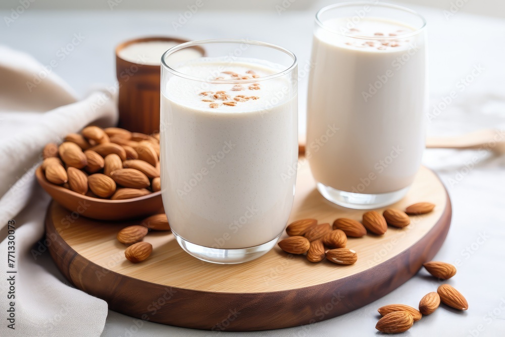 Two glasses of creamy almond milk sit gracefully on a rustic wooden tray. Generative AI Two glasses of creamy almond milk sit gracefully on a rustic wooden tray. Generative AI