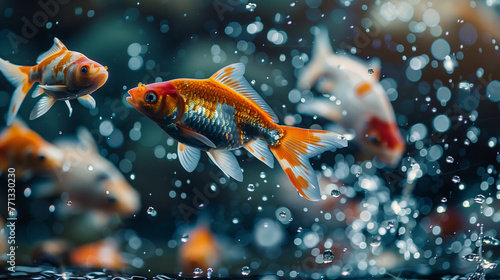 A bunch of ripe Japan fish, with water droplets, falling into a dark black water tank, creating a colorful contrast and intricate splash patterns, 30 cm. In underwater photography, natural sunlight  photo