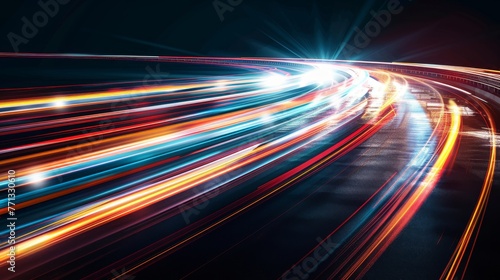 Dynamic light streaks capture the essence of speed and motion along a nighttime highway, embodying the hustle of urban life and the perpetual movement of the city. photo