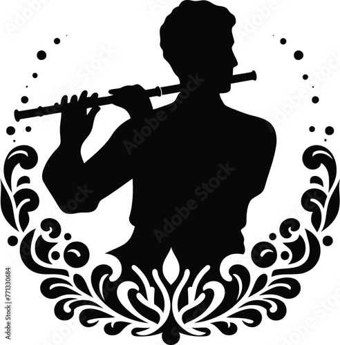 male silhouette, play flute, music instrument, flowers ornament decoration, floral vector design.