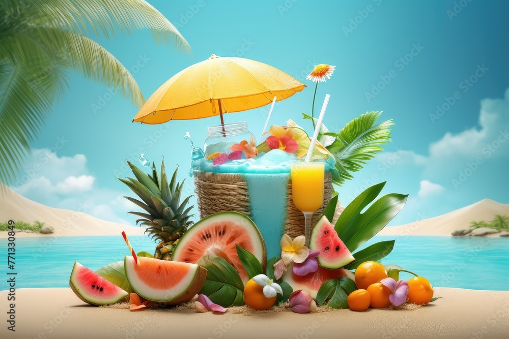 A serene beach setting featuring a spread of watermelon and oranges next to a colorful umbrella, inviting you to relax and enjoy the tropical atmosphere. Generative AI A serene beach setting featuring a spread of watermelon and oranges next to a colorful umbrella, inviting you to relax and enjoy the tropical atmosphere. Generative AI
