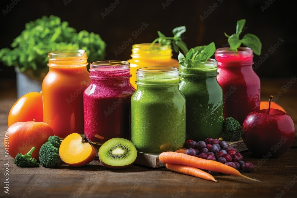 A table filled with colorful jars, each containing a unique blend of vibrant veggie medley smoothies. Generative AI A table filled with colorful jars, each containing a unique blend of vibrant veggie medley smoothies. Generative AI