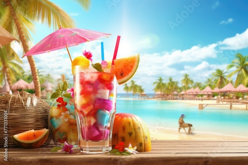 A tranquil beach setting with a refreshing glass of watermelon, accompanied by a pretty pink umbrella. Generative AI