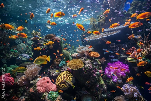 : A vibrant coral reef ecosystem with a vast array of tropical fish swimming among the corals