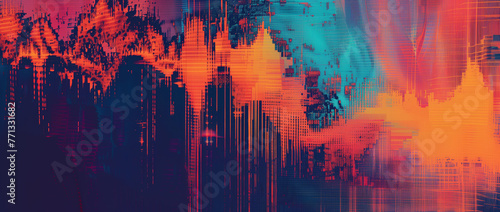 Cyberpunk Cityscape Glitch Art. Digital art piece featuring a cityscape in glitch style with a stark contrast of red to blue tones creating a cyberpunk vibe