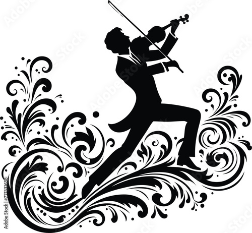 male silhouette, play violin, music instrument, flowers ornament decoration, floral vector design.