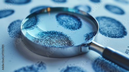 Fingerprints and a magnifying glass on a blue background