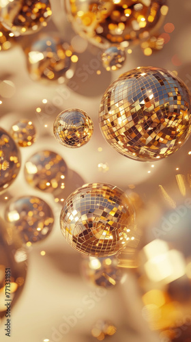 flaying golden disco balls on the beige background