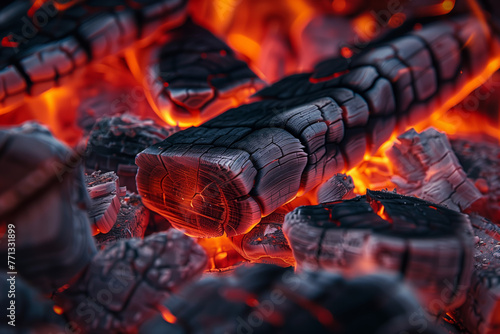 Embers of Warmth. Close-up of charred wood ablaze with vibrant flames and glowing embers.