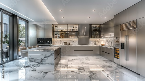 Modern kitchen, silver cabinets and white marble flooring, glass wine cabinet. Generative AI.