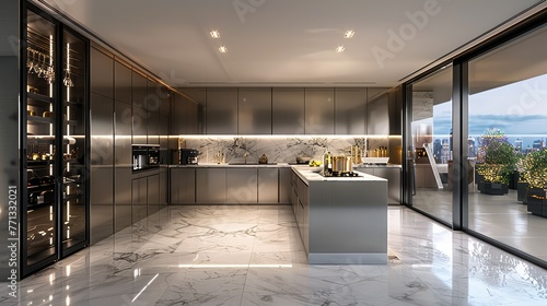 Modern kitchen, silver cabinets and white marble flooring, glass wine cabinet. Generative AI.