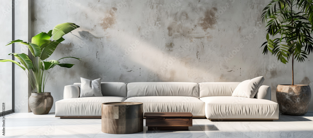 Urban Oasis. A modern living room interior mockup showcasing a sofa and indoor plants against an industrial wall Urban Oasis. A modern living room interior mockup showcasing a sofa and indoor plants against an industrial wall