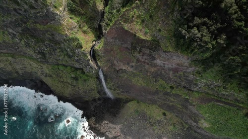 Aerial View Of Clifftop Veu da Noiva Waterfall Viewpoint In Seixal, Madeira Islands, Portugal. photo