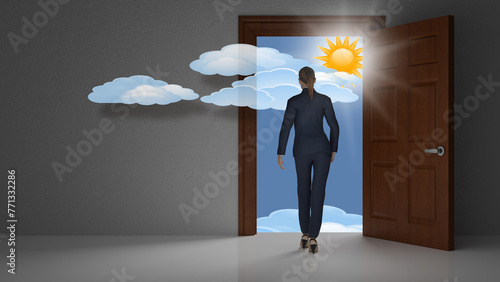Illustrazione 3D. Donna di fronte a porta aperta da cui si vede il futuro, rappresentato come cielo luminoso, si incammina verso la speranza, il futuro, l'infinito.. photo