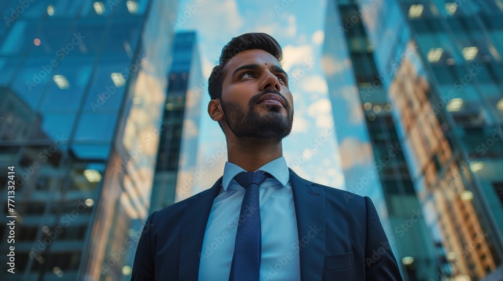 Fototapeta premium A Confident rich eastern indian business man executive standing in modern big city looking and dreaming of future business success thinking of new goals business vision and leadership concept