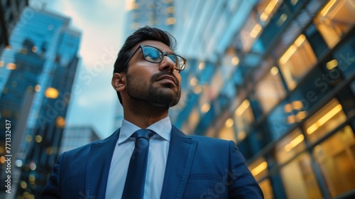 A Confident rich eastern indian business man executive standing in modern big city looking and dreaming of future business success thinking of new goals business vision and leadership concept