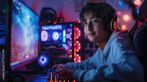 A boy gaming in front of his gaming computer. Generative AI.