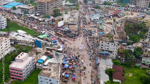 Aerial View Of Bustling Streets Near Rupatoly Bus Terminal In Barisal, Bangladesh. 