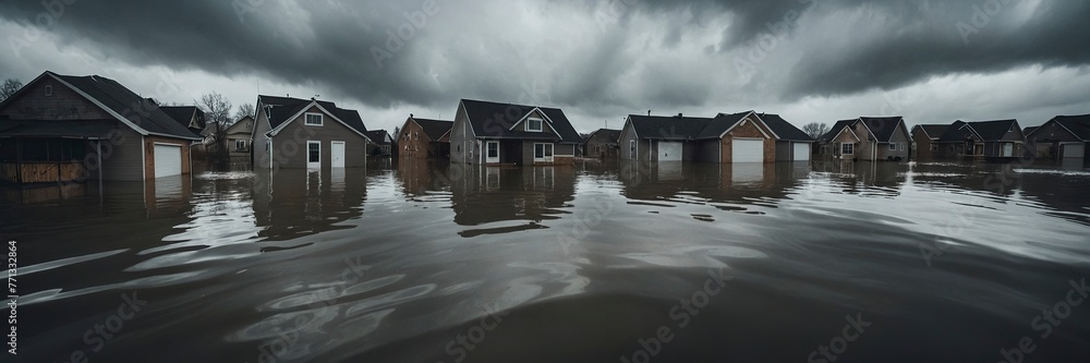 Homes and buildings flooded with water after a flood Homes and buildings flooded with water after a flood