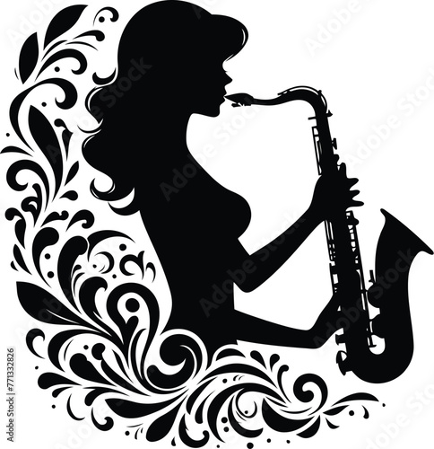 women silhouette, play trumpet, saxophone, music instrument, flowers ornament decoration, floral vector design.