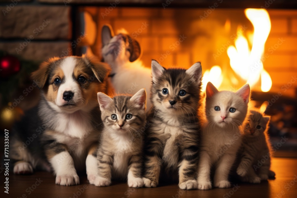 Group of puppies and kittens in Christmas sweaters by a cozy fireplace