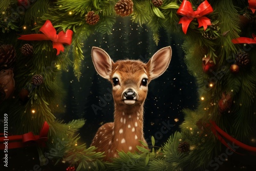 Curious deer peeking out from behind a Christmas wreath