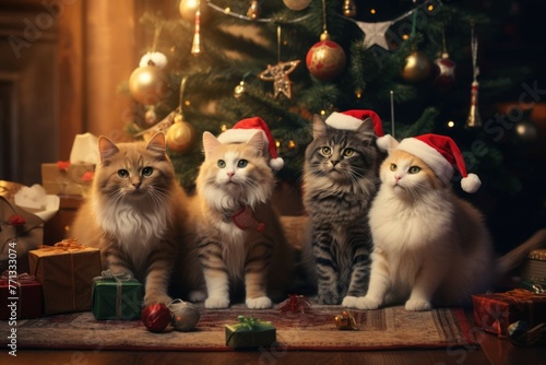 Christmas cats playing around a decorated tree © Michael Böhm