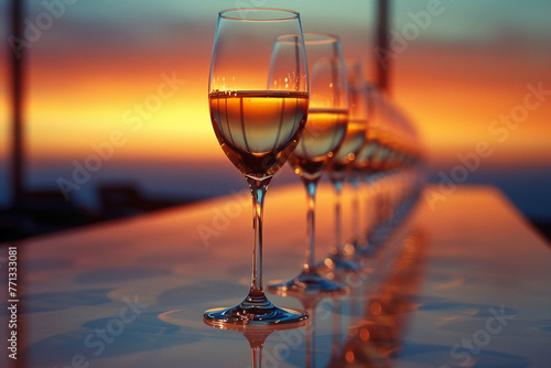 a photo of a row of glasses of chardonnay that disappears over the horizon