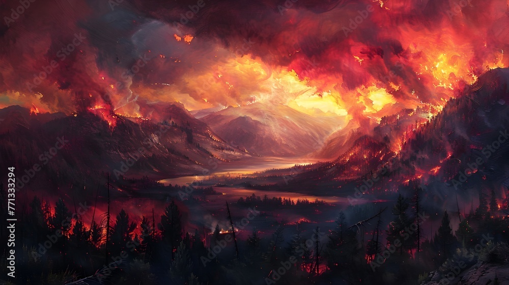 Breathtaking Landscape Under Threat of Raging Wildfires Portrayed in Vivid Oil Painting