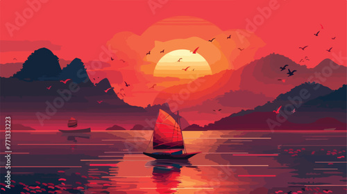 Bright Red Sunset Seascape in Chinese Color Deep