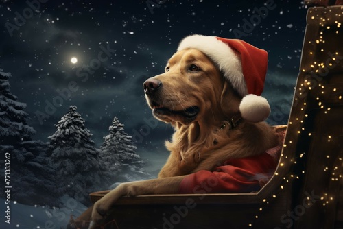 A Christmas dog wearing a Santa hat sitting on a sleigh with a bag of presents.