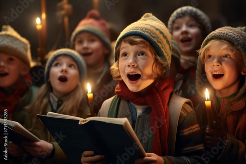 Children singing Christmas carols on a decorated stage
